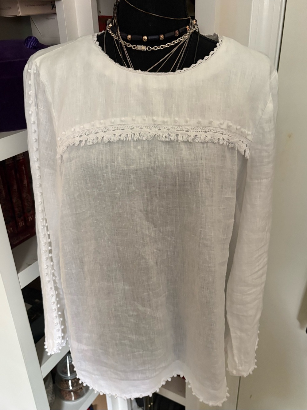 JCrew White Linen Women's Long-Sleeve Fringe Trim Blouse